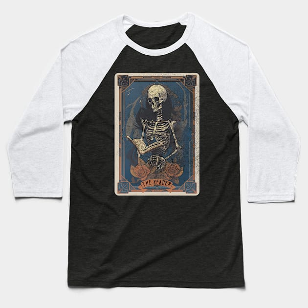 The Reader Distressed Skeleton Halloween Tarot Card Baseball T-Shirt by DanielLiamGill